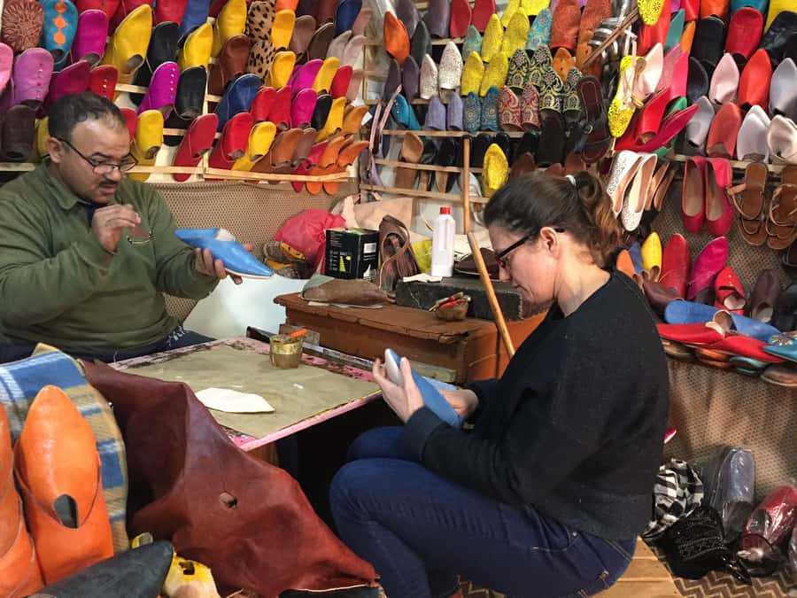 Marrakech: Babouch Making Workshop in the Medina - Cutting templates and shaping the leather